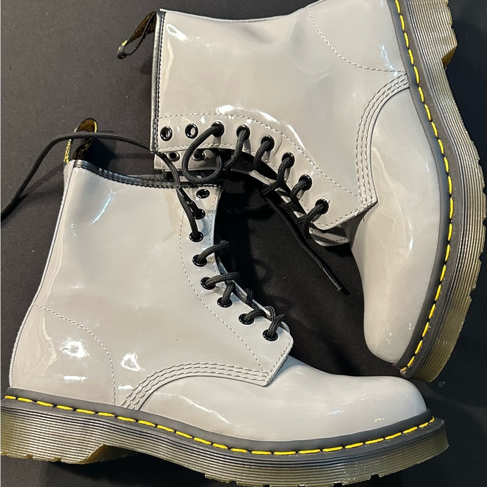 Dr. Martens White Patent Leather Boots with Black Laces